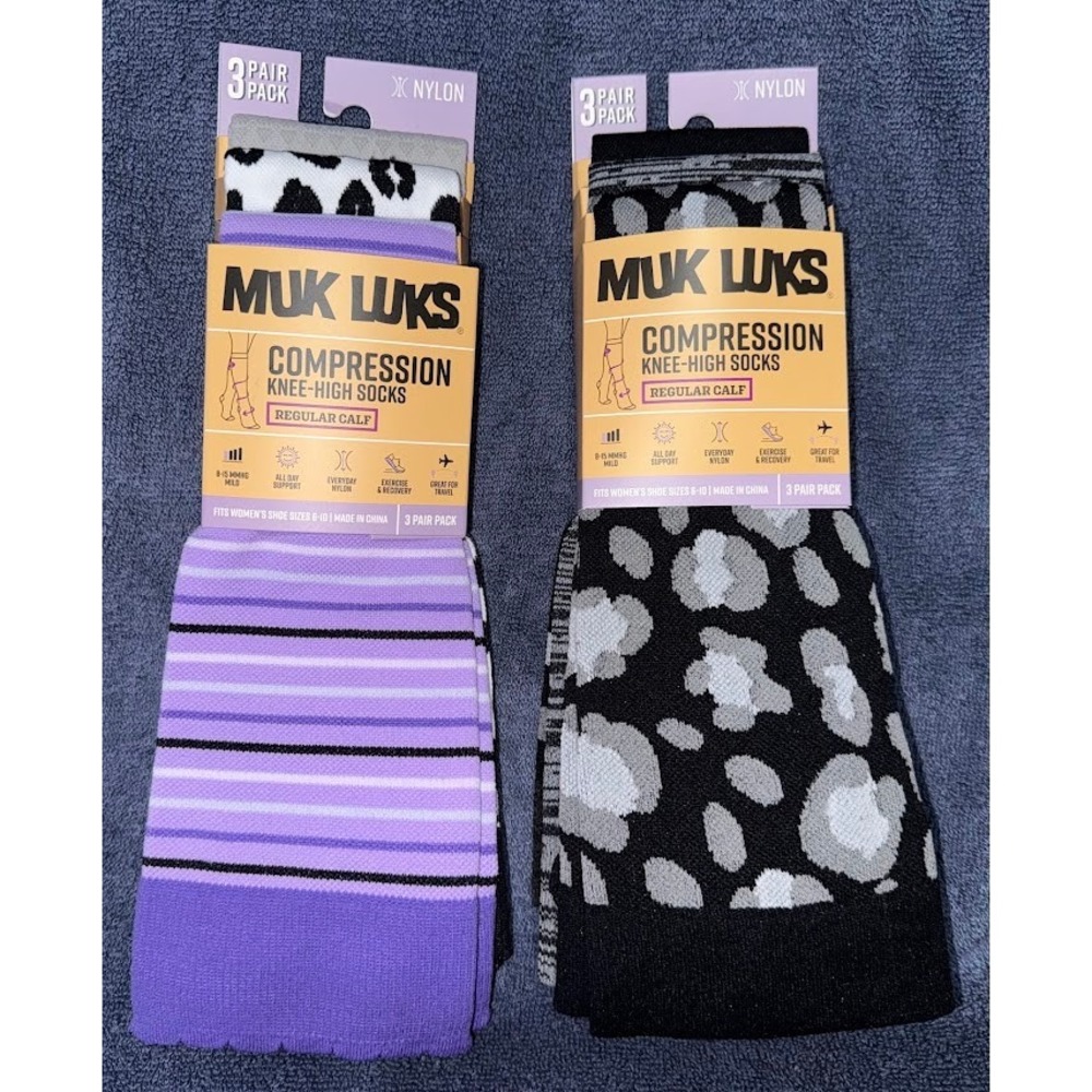 Muk Luks Compression Knee High Socks 6 Pairs Women 6-10 Leopard Stripe Purple